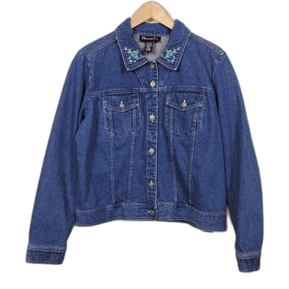 Denim & Co Boho Denim Jacket Womens Size M Blue Floral Embroidered Collar Cotton